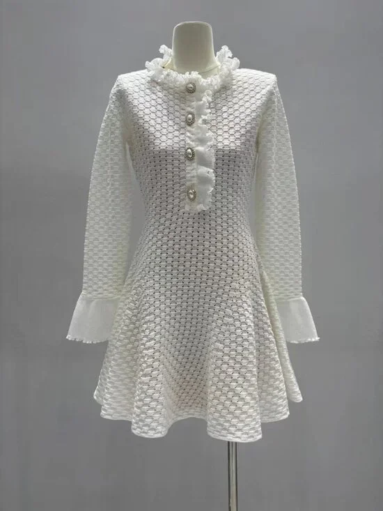 Self-Portrait White Textured Knit Ruffle Collar Mini Dress - Picture 1 of 8